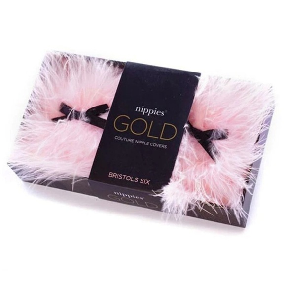 Nippies Gold Candy Couture nipple covers pink feathers with black bows NWT - Picture 2 of 4